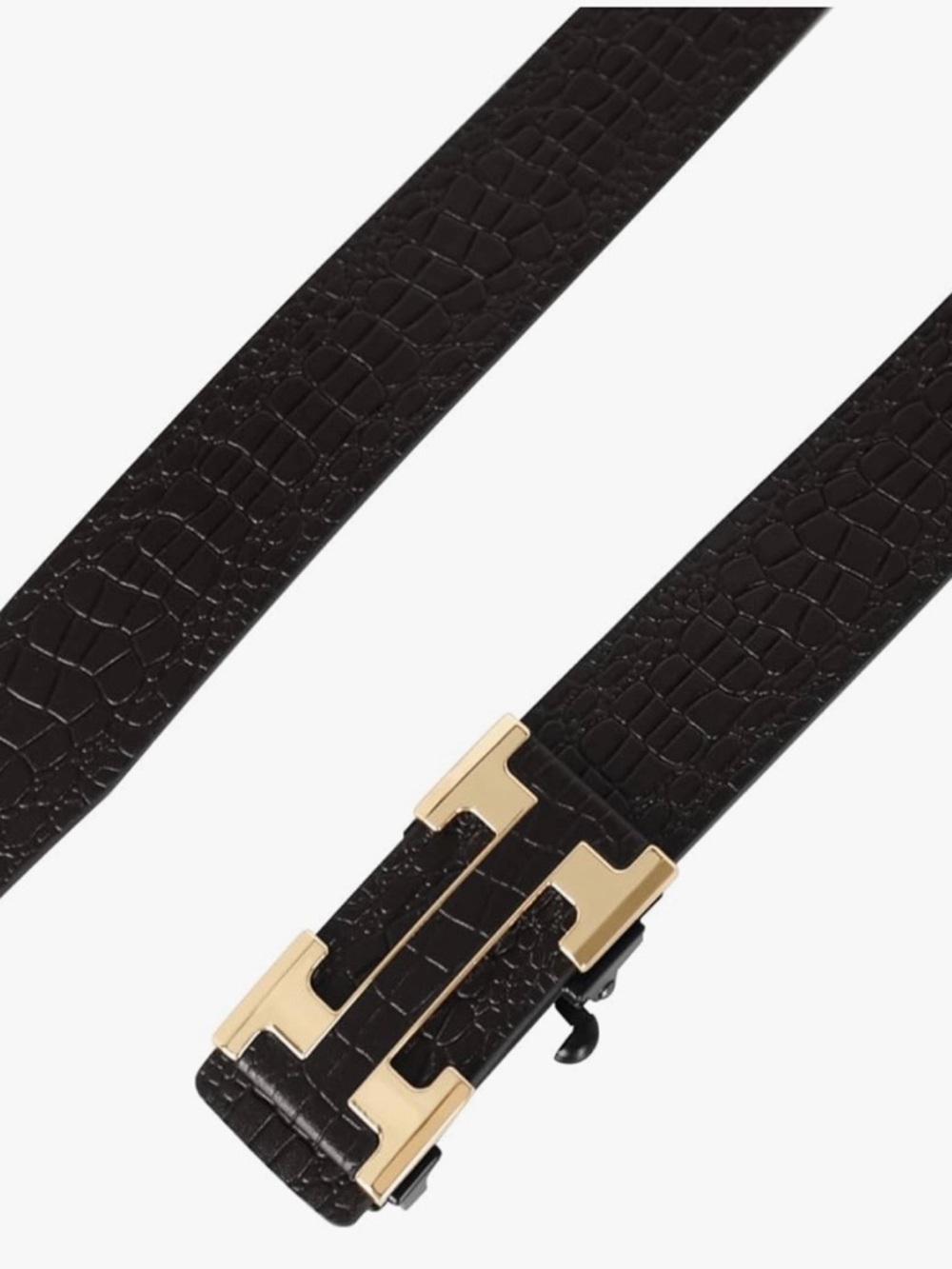 Croc-Embossed Leather Belt with Gold H Buckle